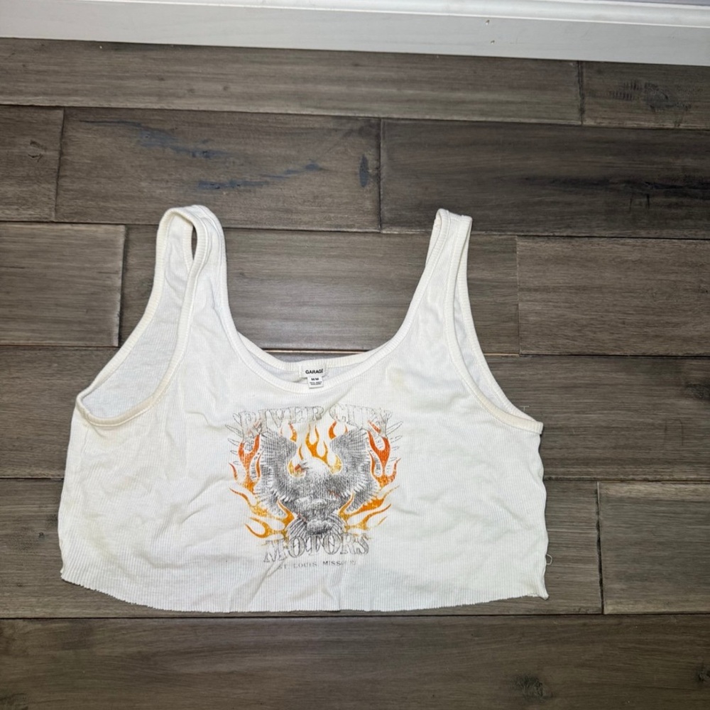 Garage White Graphic Crop Tank Top